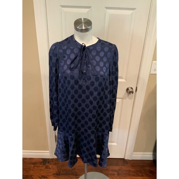 Draper James Tie Neck Flounce Shift Dress Navy Blue Polka Dot, Size S NWT! $135 - Picture 1 of 6